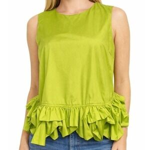 Entro Lime Green Peplum Blouse Large Ruffle Hem Keyhole Back Chartreuse Neon Top